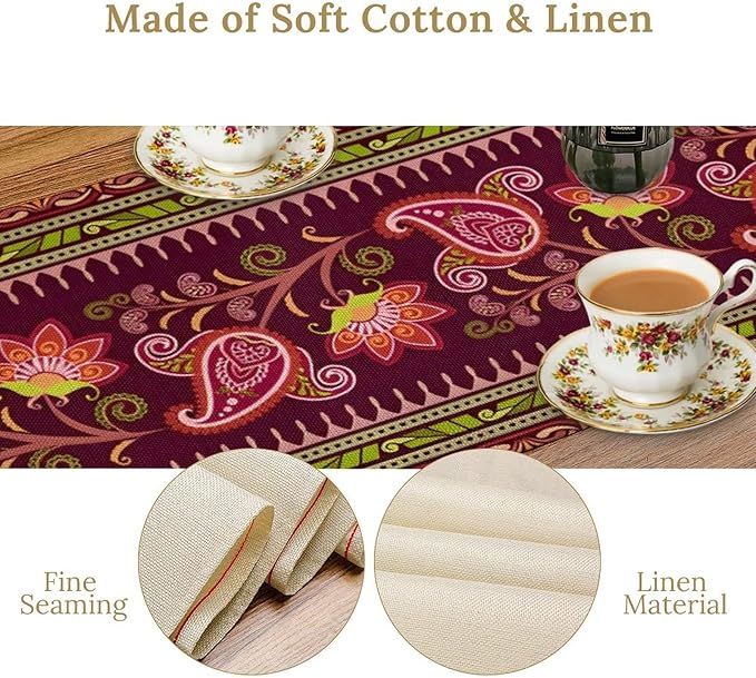 Dark Red Paisley Table Runner, Vintage Boho Paisley Flowers Geometric Print Table Cover for Farmhouse Wedding Party Home Kitchen Dining Table, 13x70inch