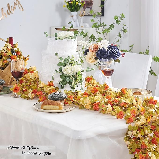 8 Pcs x 8.2 ft Flower Garland Artificial Rose Vine Flowers with Green Leaves Hanging Fake Roses Vine for Room Party Home Wedding Birthday Christmas Wall Arch Decor, Fall Champagne Flower