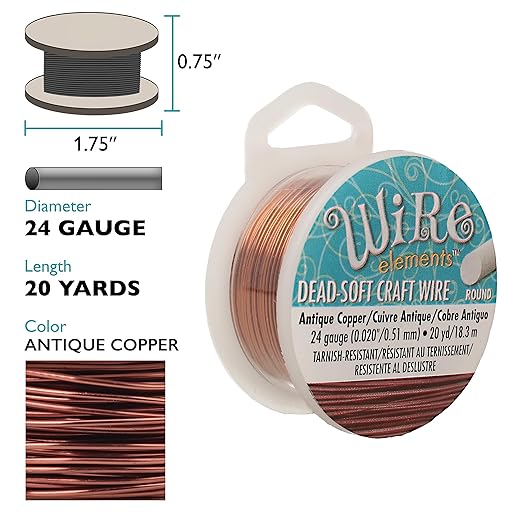 The Beadsmith Wire Elements Craft Wire – Tarnish Resistant, Soft Temper, Round, Antique Copper Color – 0.51mm, 24 Gauge, 20 Yard Spool – Jewelry Making, Wire Wrapping, Floral, & Other DIY Crafts