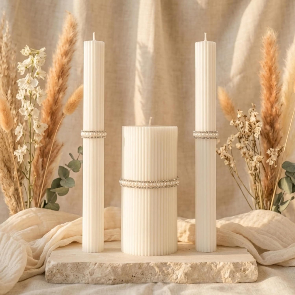 Unity Candle Set - Wedding Ceremony & Reception – 6” Pillar & Two 10” Taper Candles – Long Burning Unity Candles for Marriage Ritual & Home Decor– Handmade in USA – King|White
