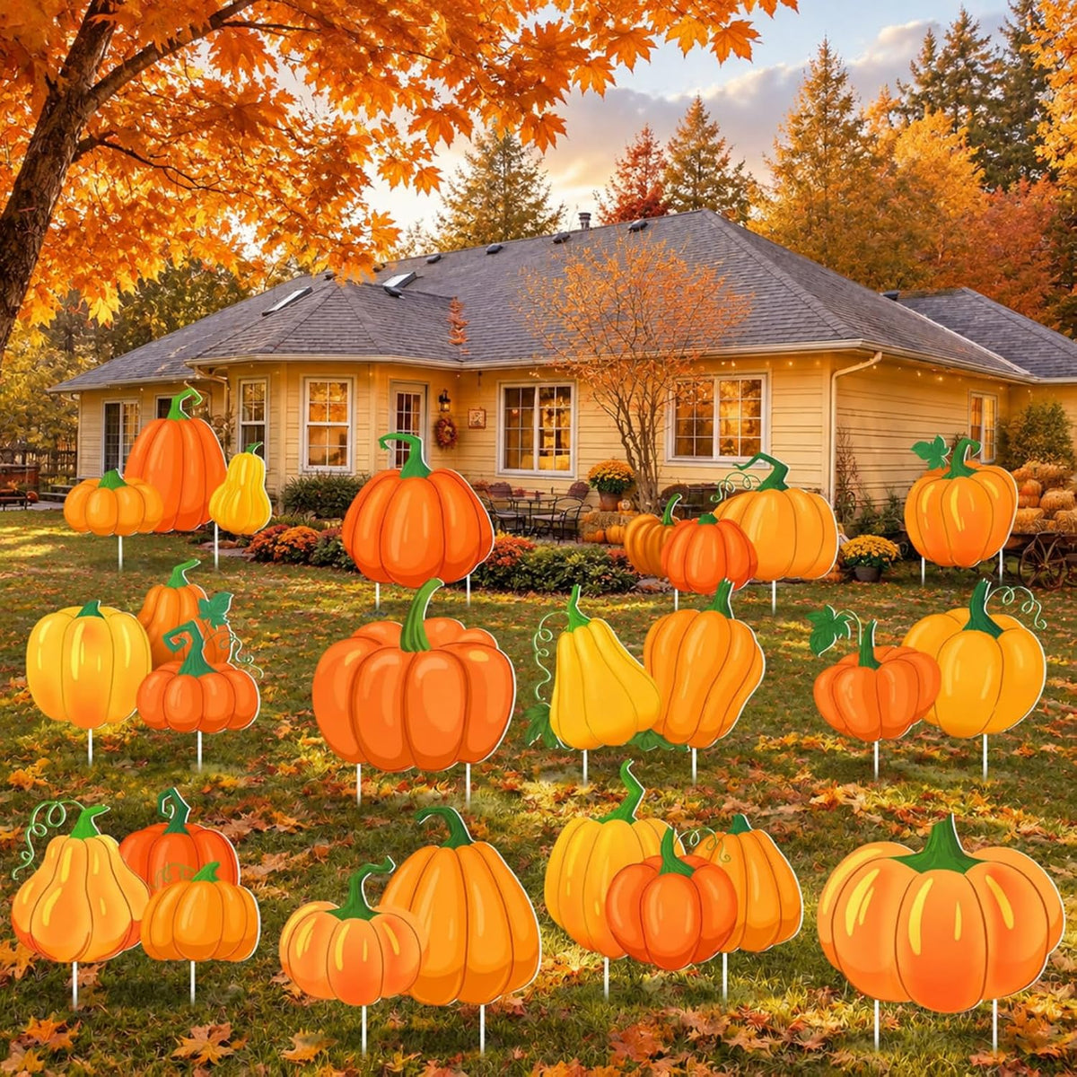 12 Pcs Fall Pumpkin Yard Sign with Stakes, 12 x 10'' Garden Lawn Stakes