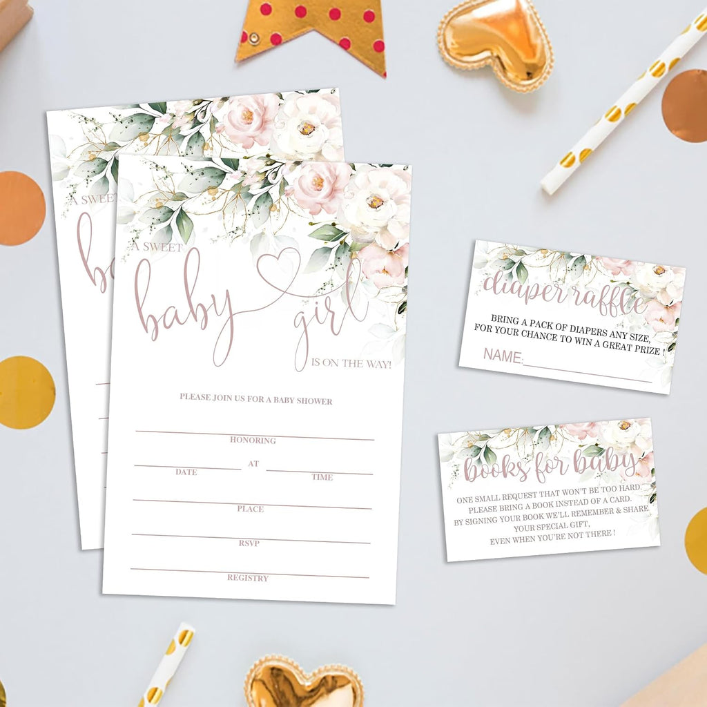 Set of 25 Baby Shower Invitations with Envelopes, Diaper Raffle Tickets and Baby Shower Book Request Cards, Floral flower