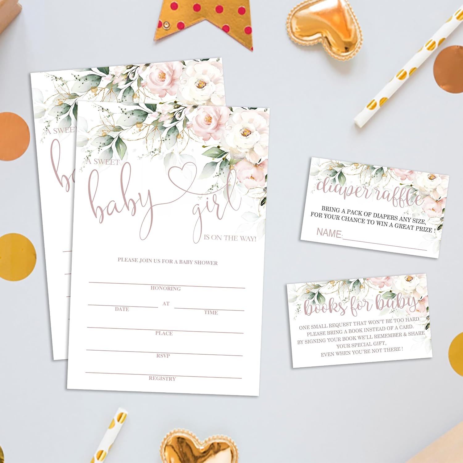 Set of 25 Baby Shower Invitations with Envelopes, Diaper Raffle Tickets and Baby Shower Book Request Cards, Floral flower