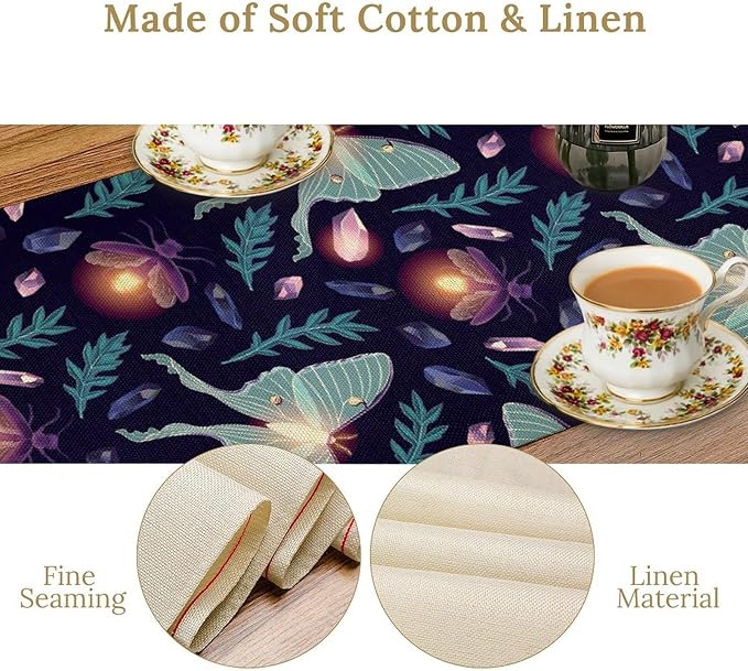 Moth Table Runner, Retro Boho Aesthetic Blue Moth Magic Table Runner for Home Kitchen Dining Party Indoor Outdoor Decoration 13x120 Inch