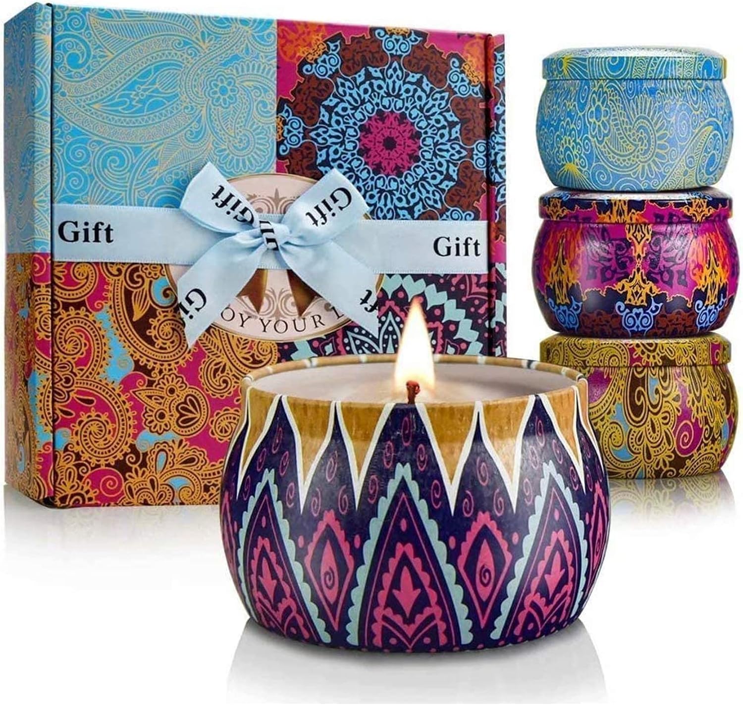 Scented Candles Gift Set for Women, 4 Pack Soy Wax Candles in Classic Bohemian Tins, Aromatherapy Candle Set, Birthday Gifts for Mom, Thank You Gifts
