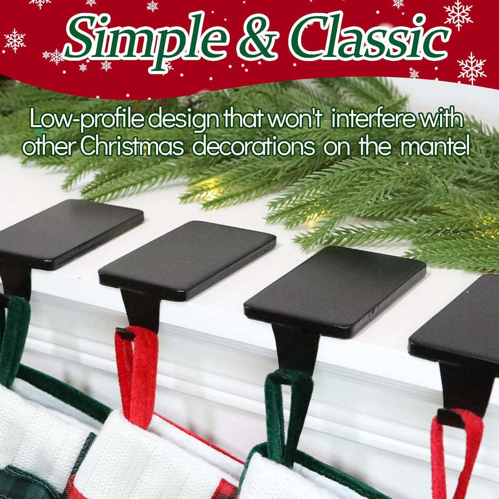 HMASYO Christmas Stocking Holders for Mantle Set of 2, Black Heavy Duty Iron Stocking Hangers Base, Low Profile Weighted Stocking Holder Hooks for Fireplace Tabletop Shelf Christmas Decoration