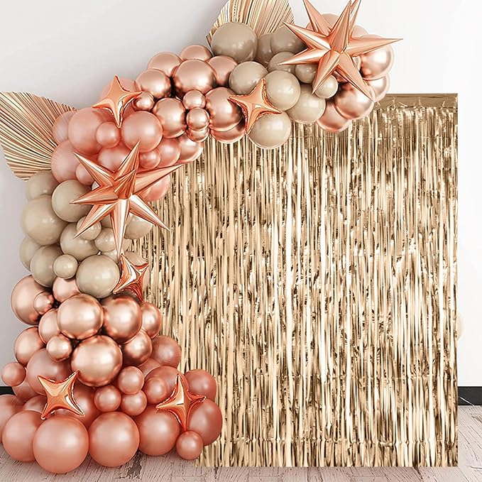 2 Pack Champagne Foil Fringe Backdrop Curtains, Tinsel Streamers Birthday Party Decorations, Fringe Backdrop for Anniversary, New Years, Birthday Party