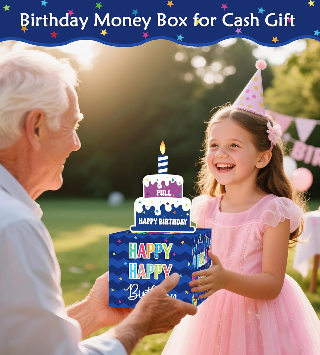 Birthday Money Box for Cash Gift Pull, Surprise Gift Boxes for Money, Money Holder Box with Pull Out Happy Birthday Card and 50Pcs Transparent Bags, Money Gift Ideas for Kids and Adults