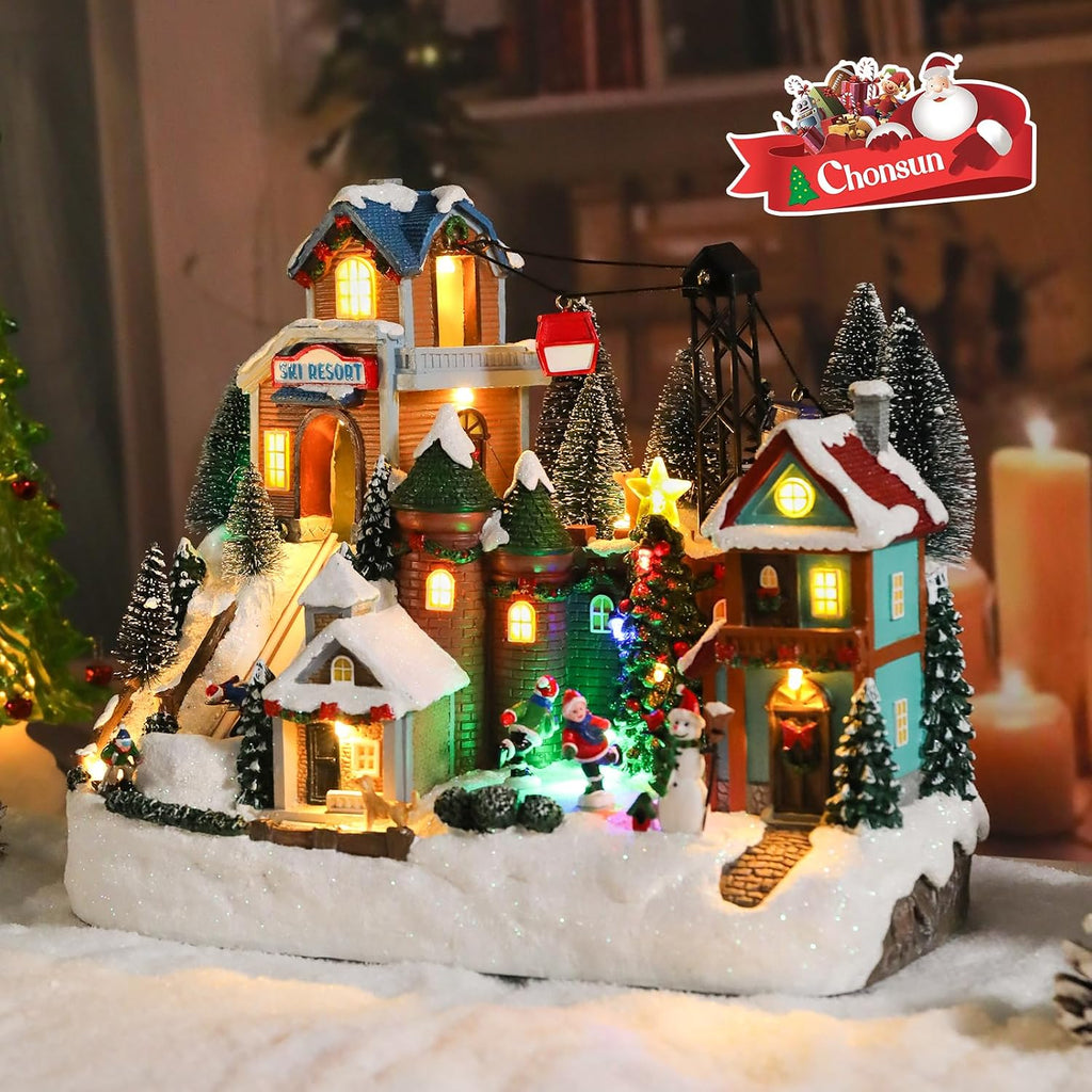 christmas village house 10.2 inch christmas decorations skiing, front angle view