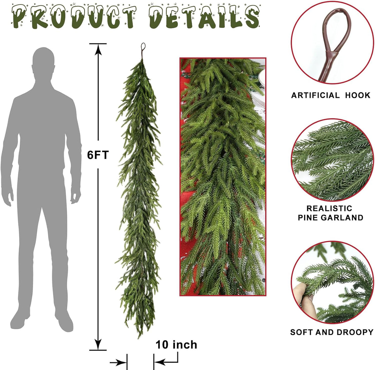 6 ft realistic christmas garland,natural droopy,soft bendable lifelike, package contents
