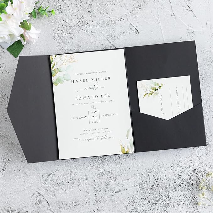 20 PCS Black Tri-fold Laser Cut Wedding Invitation Pockets for 5x7 Wedding Cards Bridal Shower Engagement Quinceanera Invitation