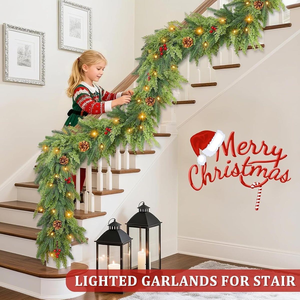 Pre-Lit 9 FT Christmas Garland with Lights Norfolk Cedar Garland Xmas Decor