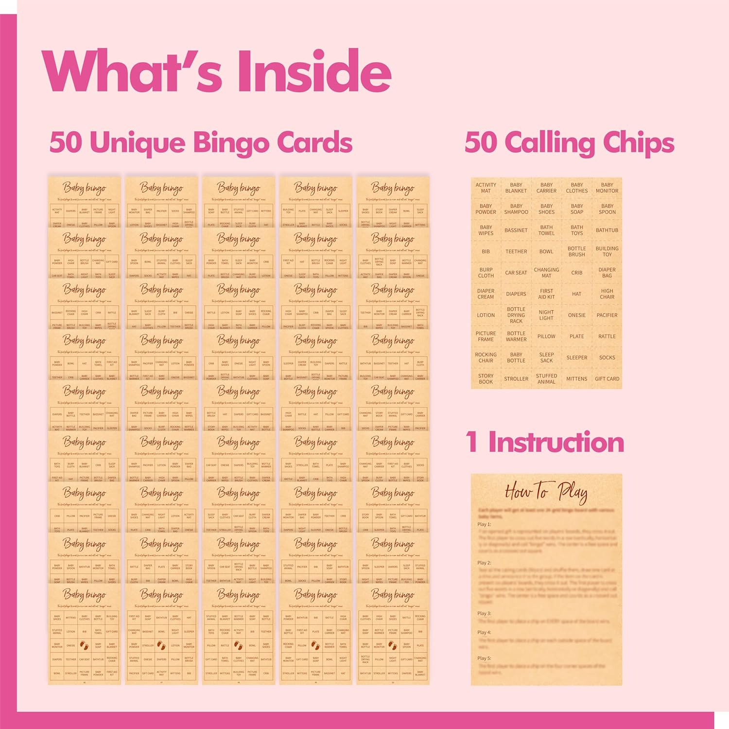 Baby Shower Bingo Game, 50 Bingo Cards Perforated Calling Cards Bingo Games for Baby Shower, Bridal Wedding Shower