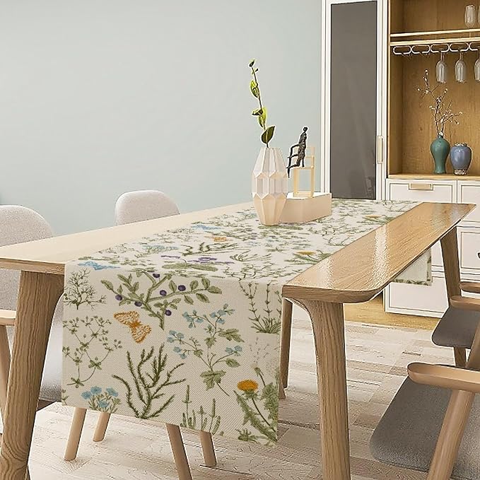 Floral Table Runner,Wildflower Spring Table Runner Seasonal Summer Butterfly Kitchen Dining Table Decoration for Home Party 13x90 Inch