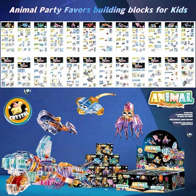 12 Pack Crystal Ocean Animal Party Favors for Kids 12 in 1 Mini Marine Animals Building Blocks Toys,Bulk Classroom Prizes Goodie Bag Fillers Christmas Easter Birthday Gift for Boys Girls Ages 6+
