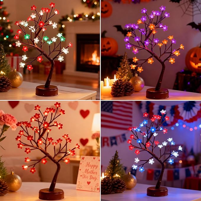 Pooqla RGB Cherry Blossom Tree Light with Remote 28 Colors LED Artificial Flower Bonsai Tree, RGB Table Top Lamp Home Lit Tree Valentine's Day Christmas Decoration 36 LED, Brown Branch