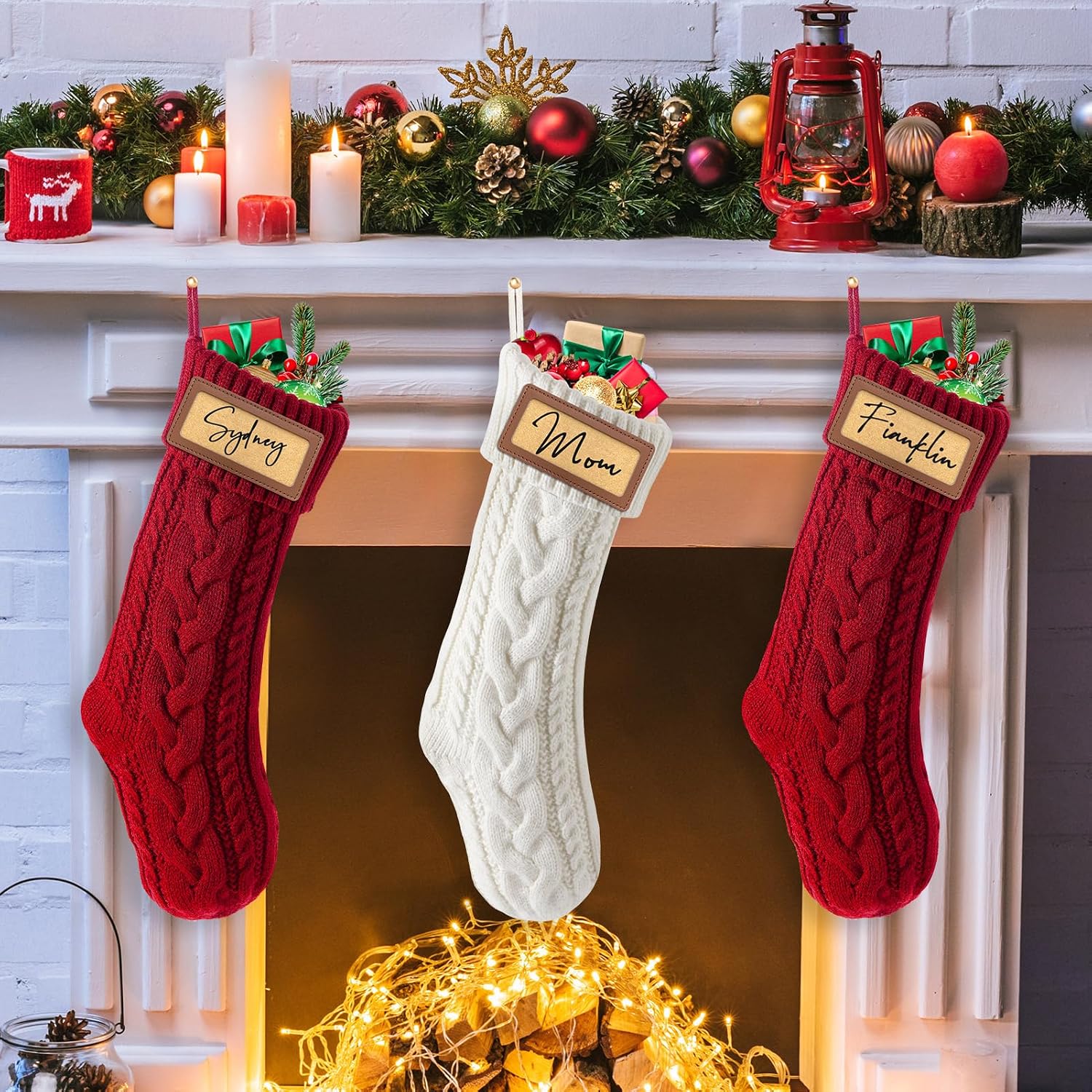 steo spce 4 Pack Personalized Christmas Stocking with Leather Patches Custom Name Family Christmas Stockings, 18.5” Large Knitted Xmas Stockings for Kids, Holiday and Fireplace Party Decoration