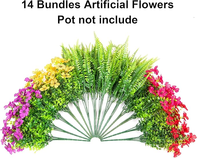 HyeFlora Artificial Faux Outdoor Flowers Plants for Summer Outside Decoration, 14 Bundles Fake Silk Colorful Daisy Ferns UV Resistant Realistic for Front Door Porch Planter Patio Yard