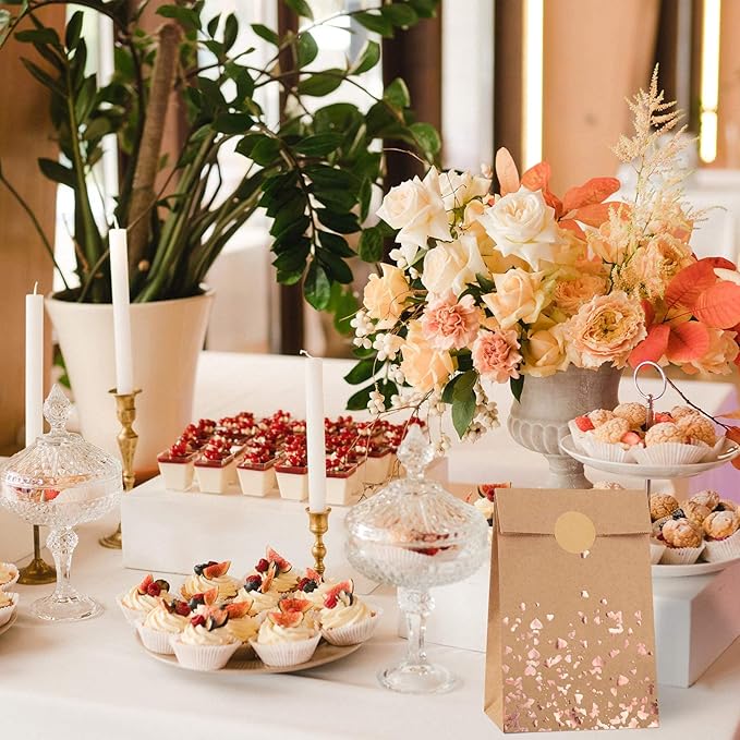 Cooraby 30 Pieces Kraft Paper Bronzing Rose Gold Bags with 48 Stickers Candy Gift Paper Bags for Wedding, Birthday, Tea Party, Gift, and Party Celebrations