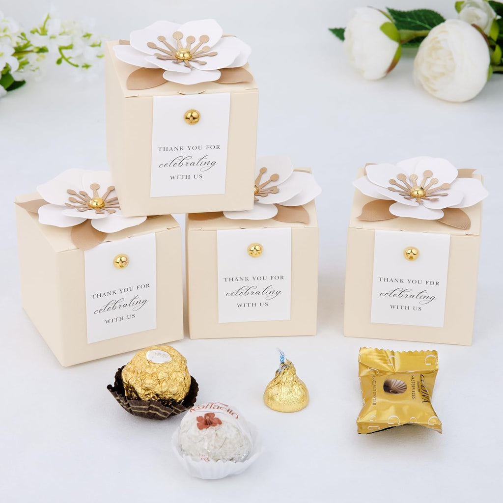 FEIYI 20 PCS Champagne Favor Boxes, 3 In 1 Candy Box with Floral Decor, White Thank You Tags Gift wrapping for Wedding Birthday Baby Shower Decorations Party -2.55x2.55x2.55 inches