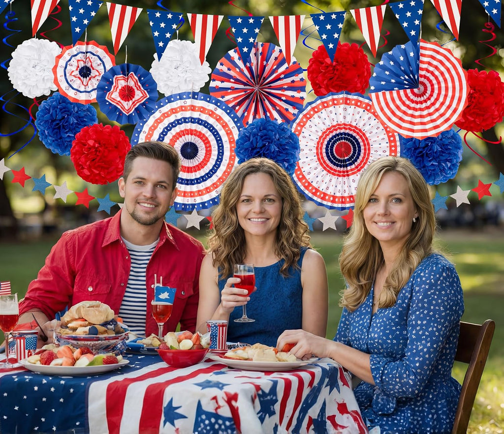 29PCS 4th/Fourth of July Patriotic Decorations Set | 250th Anniversary,Red White Blue Paper Fans,USA Flag Pennant,Star Streamer,Pom Poms,Hanging Swirls,Party Decor Supplies