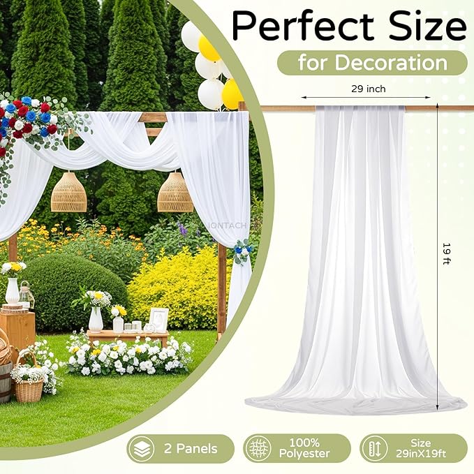 Wedding Arch Draping Fabric 29" x 19Ft Sheer Drapes for Backdrop Wedding Ceremony Reception Ceiling Decor Curtain Baby Bridal Shower Decoration (White, 2 Panels)