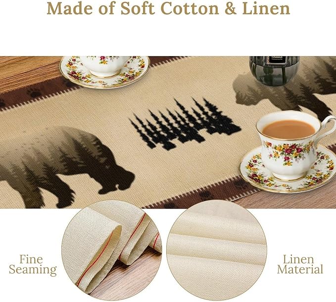 Vintage Bear Table Runner Forest Retro Rustic Cabin Farmhouse Table Runner for Party Dinner Bedroom Living Room Kitchen 13x60 Inch