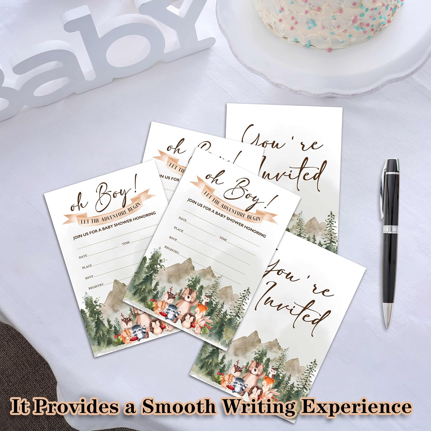 Oh Boy! Baby Shower Invitations, 25 Double-Sided Adventure Baby Shower Invites with Envelopes, Woodland Animals Party Decorations Supplies Favors - A01