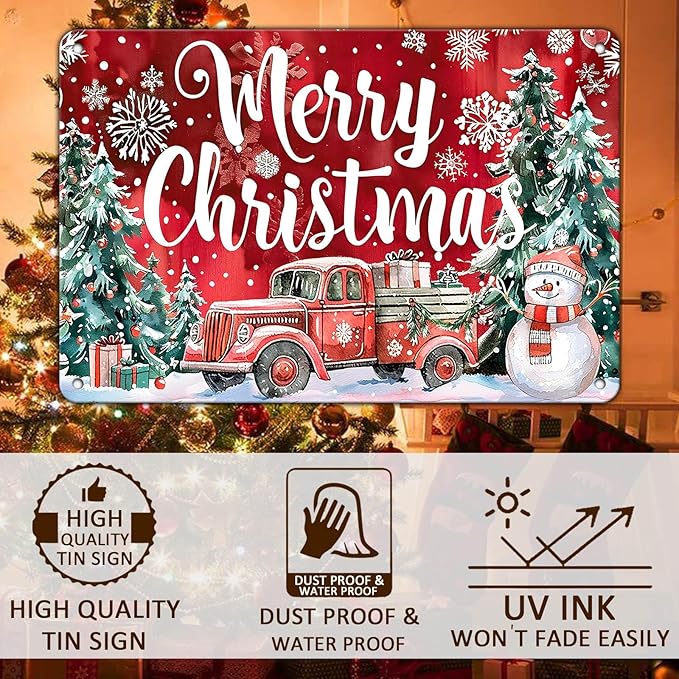 Christmas Truck Metal Tin Sign Merry Christmas Sign Funny Snowman Tin Sign Christmas Tree House Decoration for Indoor Home House Decor Party Supplies 8x12Inch