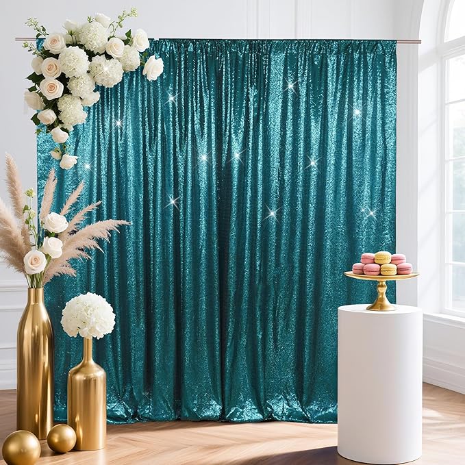 SquarePie Sequin Backdrop Less Transparent Background Sparkly Curtain for Wedding Party 6FT x 8FT Teal