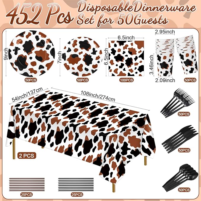 452 Pcs Cow Print Party Decorations Supplies Include Brown Cow Print Paper Plates Napkins Cups Tablecloth Cutlery Straws for Western Rodeo Birthday Baby Shower Farm Animal Party Decorations