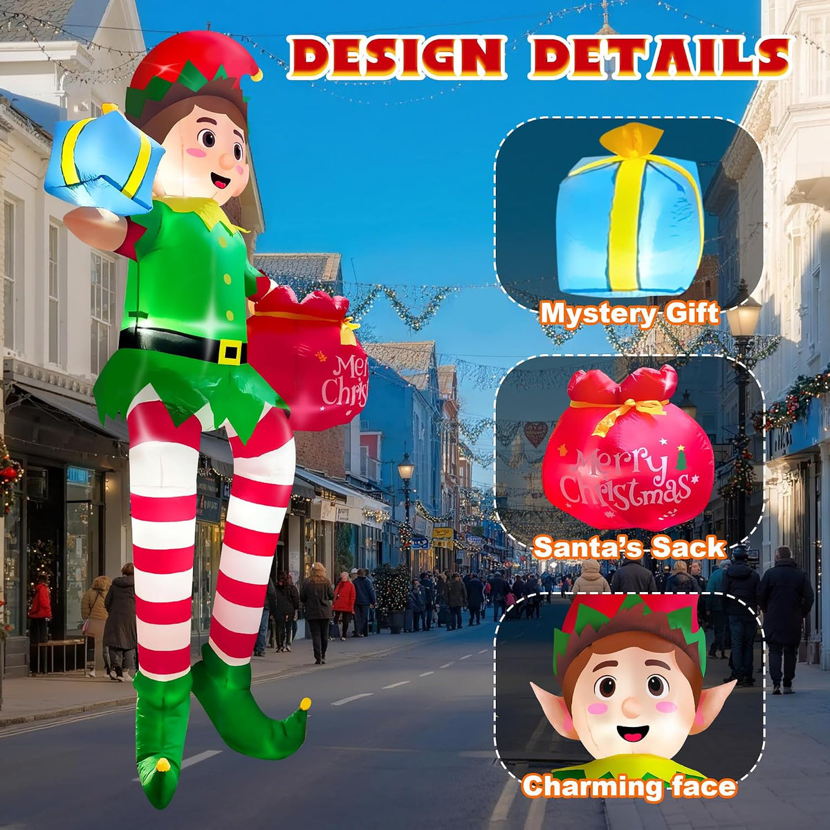 10ft christmas inflatable outdoor decoration, sitting elf holding, side view