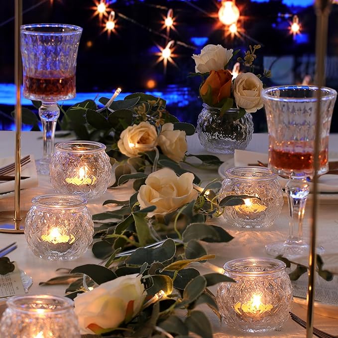 DARJEN 48Pcs Clear Votive Candle Holders - Round Candle Holder, Candle Holders Bulk for Tea Light Candle, Embossed Candle Votives for Wedding Centerpiece & Home Decor