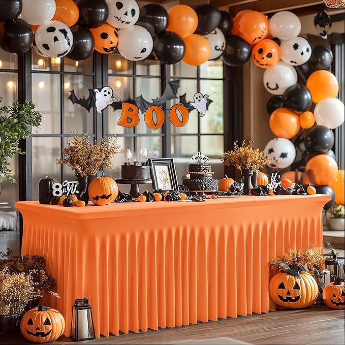Wish Care 6 Pack Orange Spandex Table Clothes for 6 Foot Rectangle Tables, 6FT Wrinkle Free Fitted Tablecloths Ruffles Design Table Cover for Party, Banquet, Wedding and Events