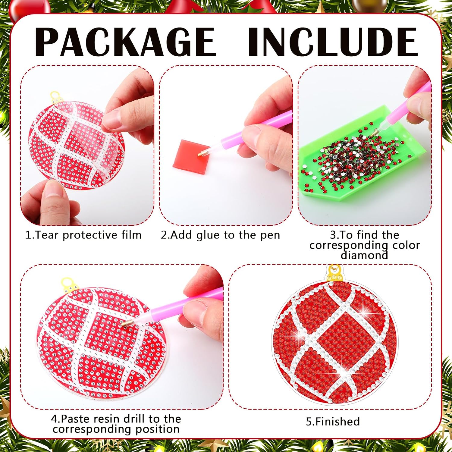 Realspring 20 Pieces Christmas Ball Diamond Art Ornaments Lime Green and Red Diamond Painting Tree Decorations 5D Hanging Xmas Diamonds Art DIY Christmas Kits for Adults Crafts Party Favors