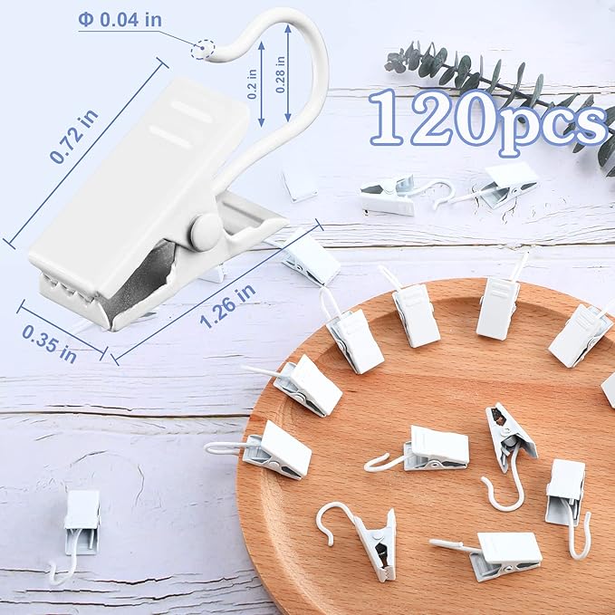 JANYUN 120 Pack White Clip Hook Set Curtain Clips for Curtain Picture Home Decoration Art Craft Dispaly Hang Light Clip (White)