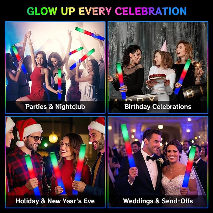 AOWDIAO 12 Pcs 16″ Foam LED Glow Sticks, 3 Light Up Modes, Party Favors for Wedding, Festival & More