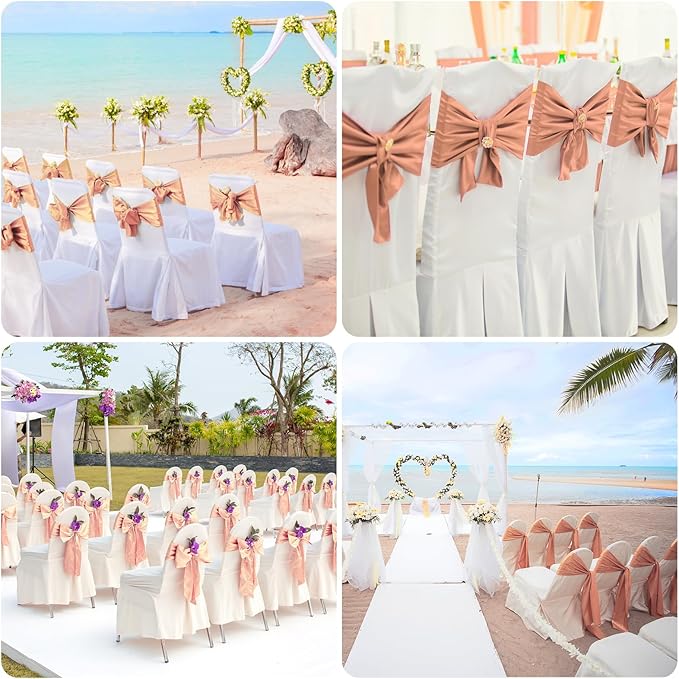 10 PCS Rose Gold Satin Chair Sashes Bows Universal Chair Ribbon Ties Back Sash for Wedding Party Reception Events Banquets Hotel Event Chair Cover Decoration (7x108 inch)