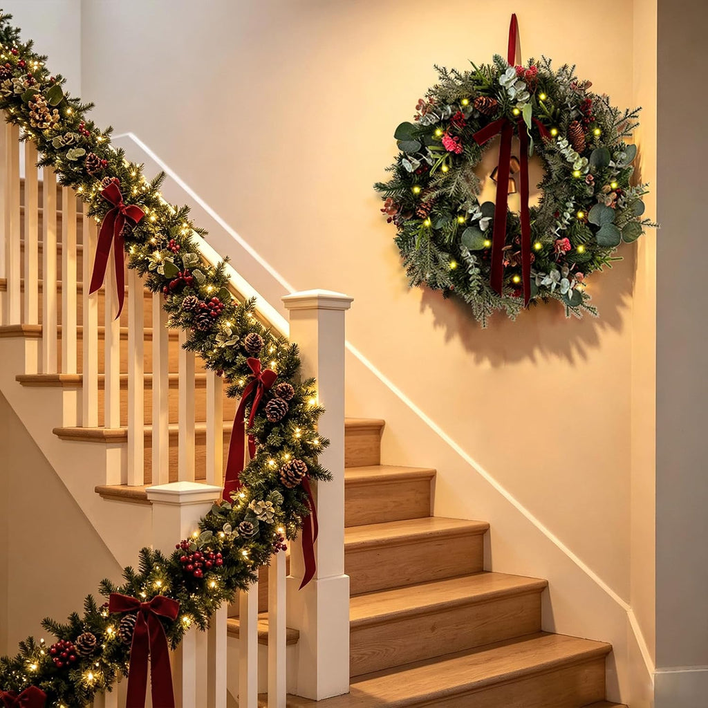 wanna-cul 6ft christmas garland with lights burgundy ribbon on a desk or shelf