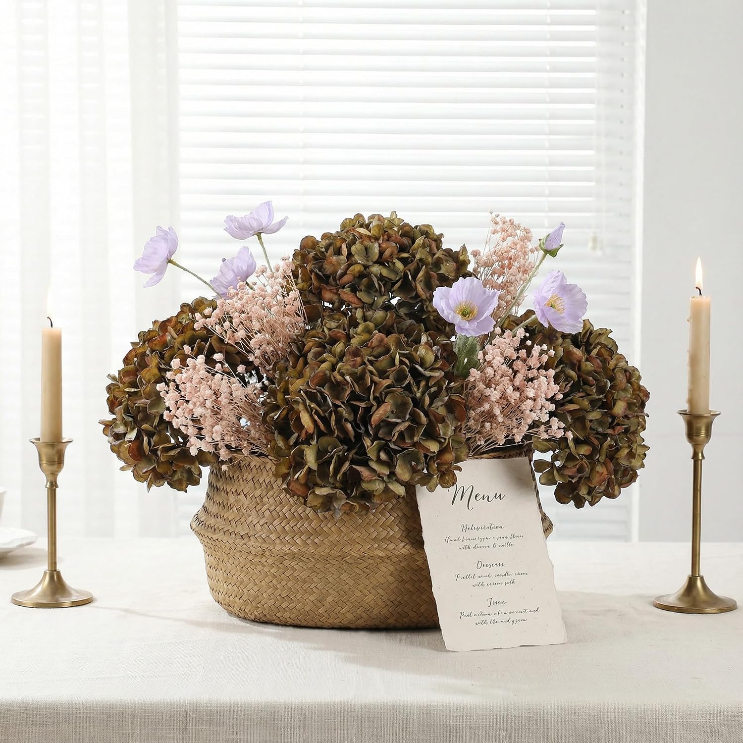 Fall Artificial Dried Hydrangea Flowers, Vintage Green Dried Look, Fall Faux Flowers, Single Stem (Autumn Green, 4pcs)