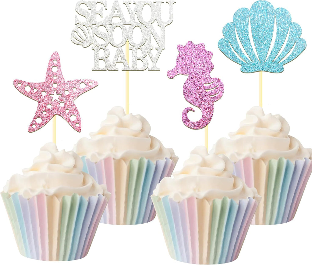 24 Pcs Sea You Soon Baby Cupcake Toppers, Under The Sea Party Decoration | Under the Sea Party Cake Decoration for Mermaid Theme Birthday Parties & Baby Showers