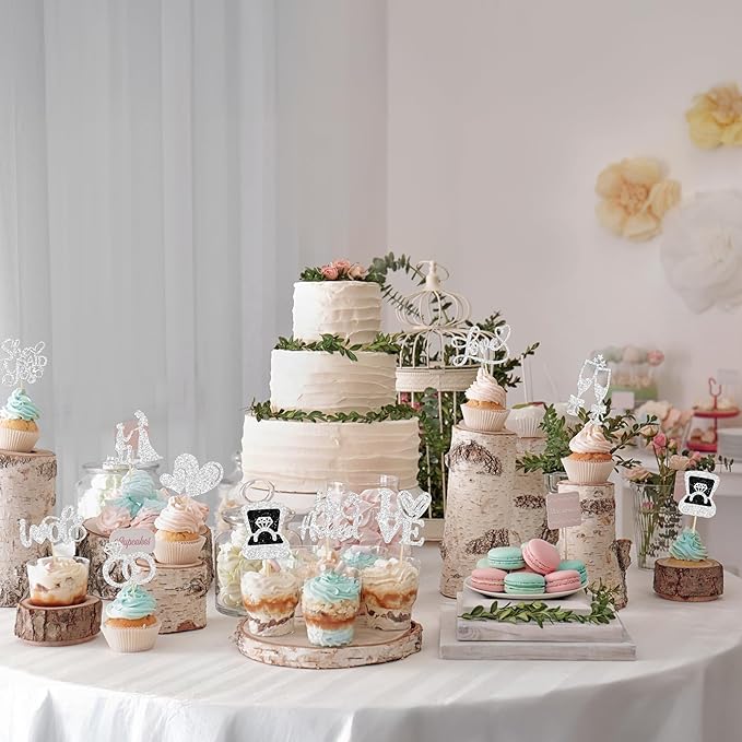 Ephlyn 30Pcs He Asked She Said Yes Cupcake Toppers Glitter Engagement Cupcake Toppers Diamond Ring Heart Love I Do Cupcake Picks for Engagement Wedding Party Cake Decorations Silver