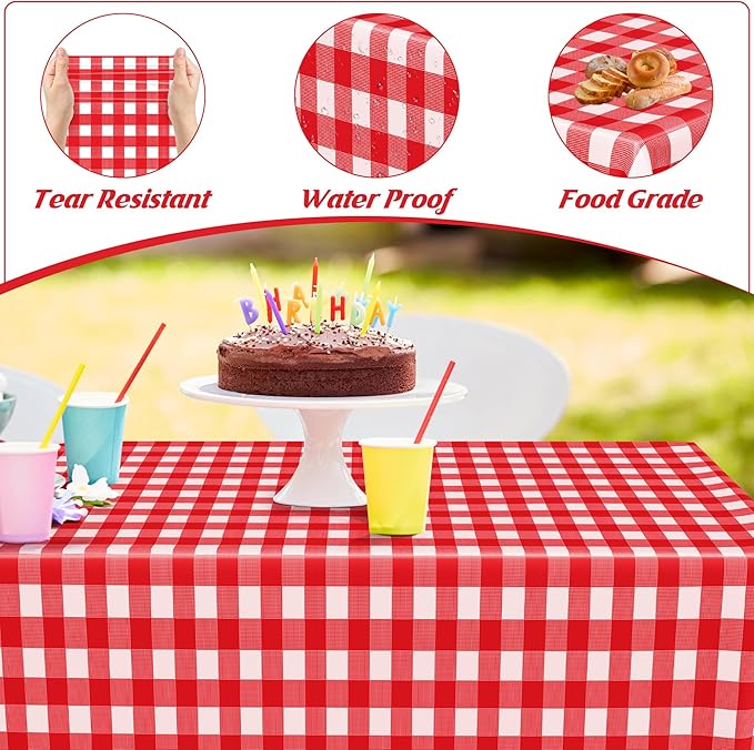 12Pack 54" x 108" Table Cloth Rectangle Table, Waterproof Plastic Table Cloth Ddisposable, Red and White Checkered Tablecloth Table Cover for Outdoor Picnic Birthday Party Gathering BBQ Holiday Dinner