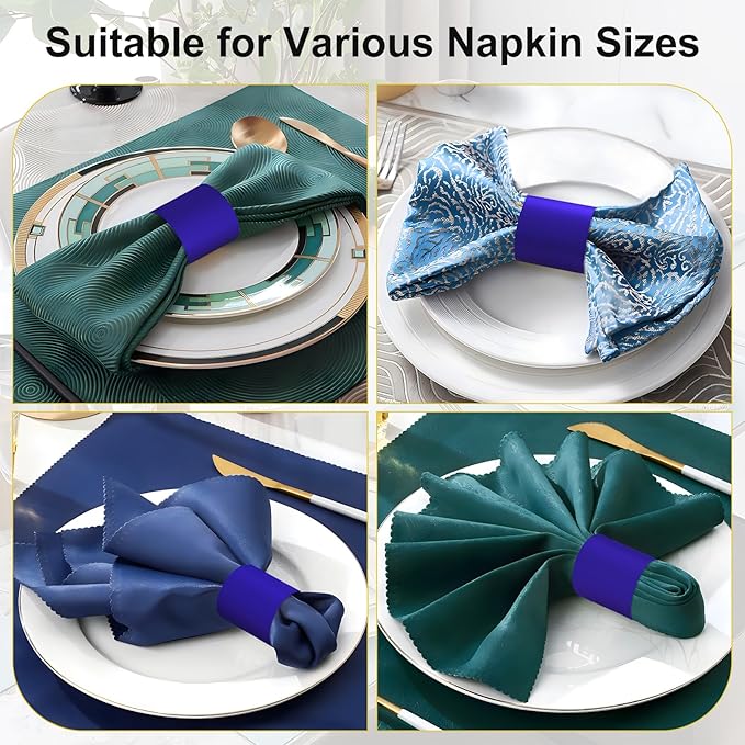 Polymer Material Reusable Napkin Band, Glue-Free Tear-Proof Water Resistant Oil-Proof Napkin Bands Set of 100(Front Blue Color and Back White), 6 Adjustable Sizes Napkin Rings