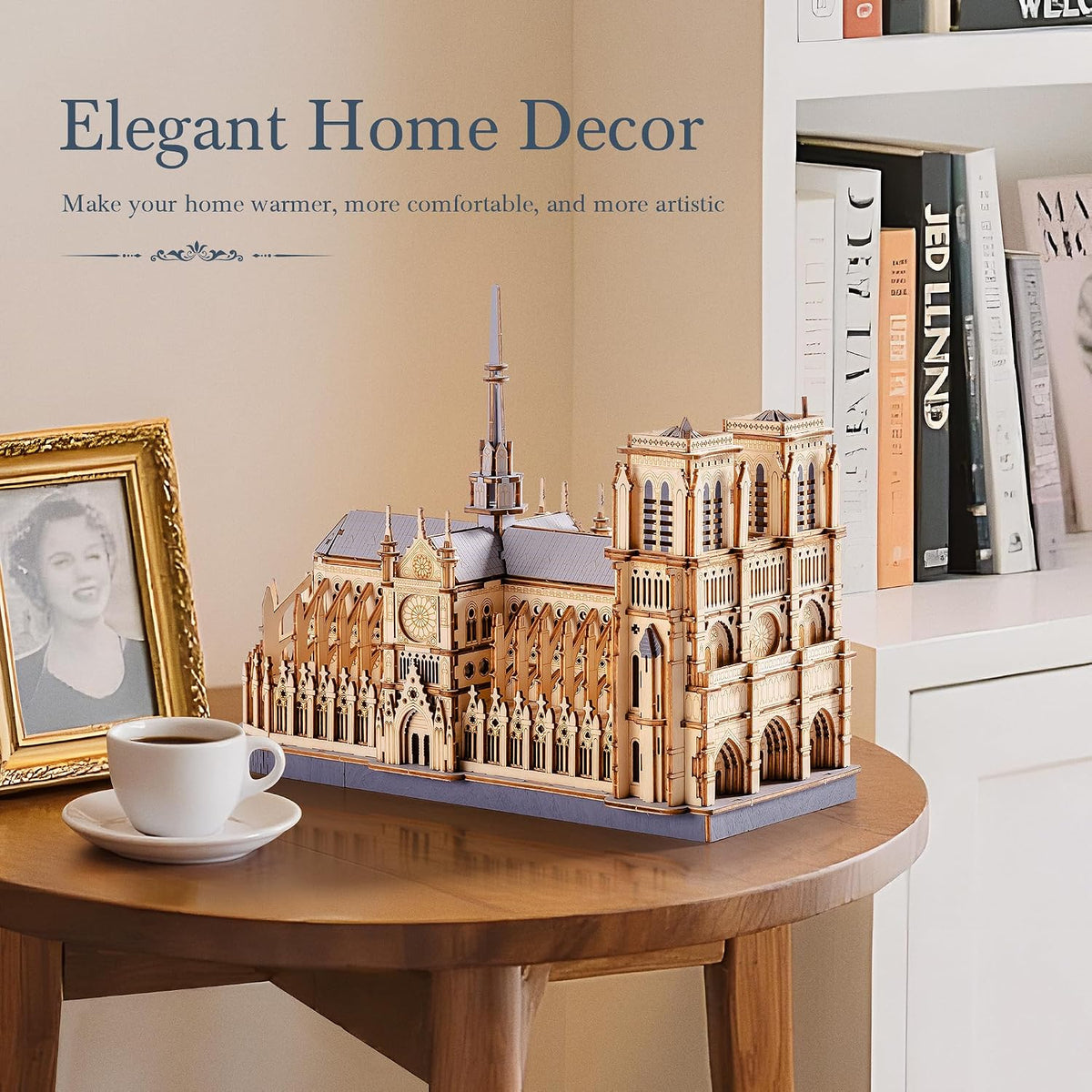 3d wooden puzzle for adults — notre dame showing dimensions