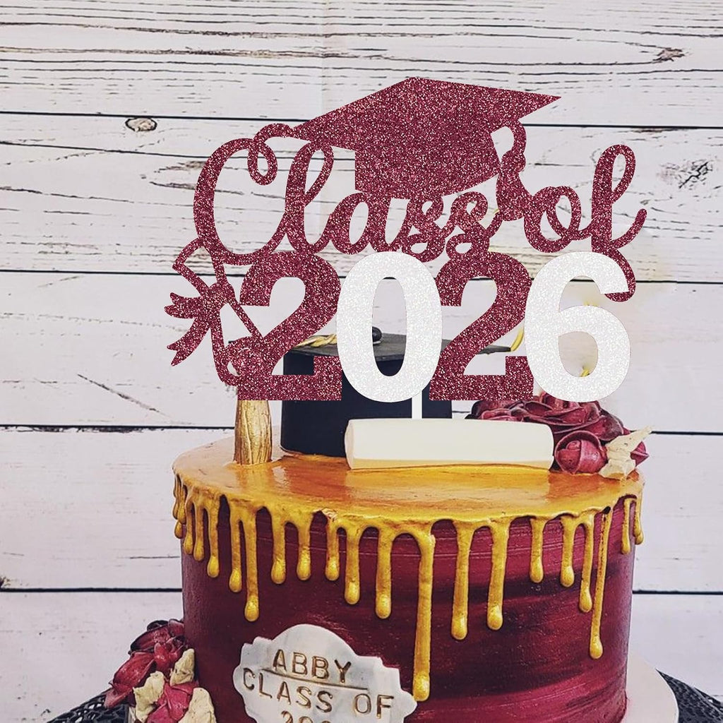 Graduation Cake Topper 2026 Grad Party Decoration Glitter Cap Diploma Food Picks Table Ideas Maroon White