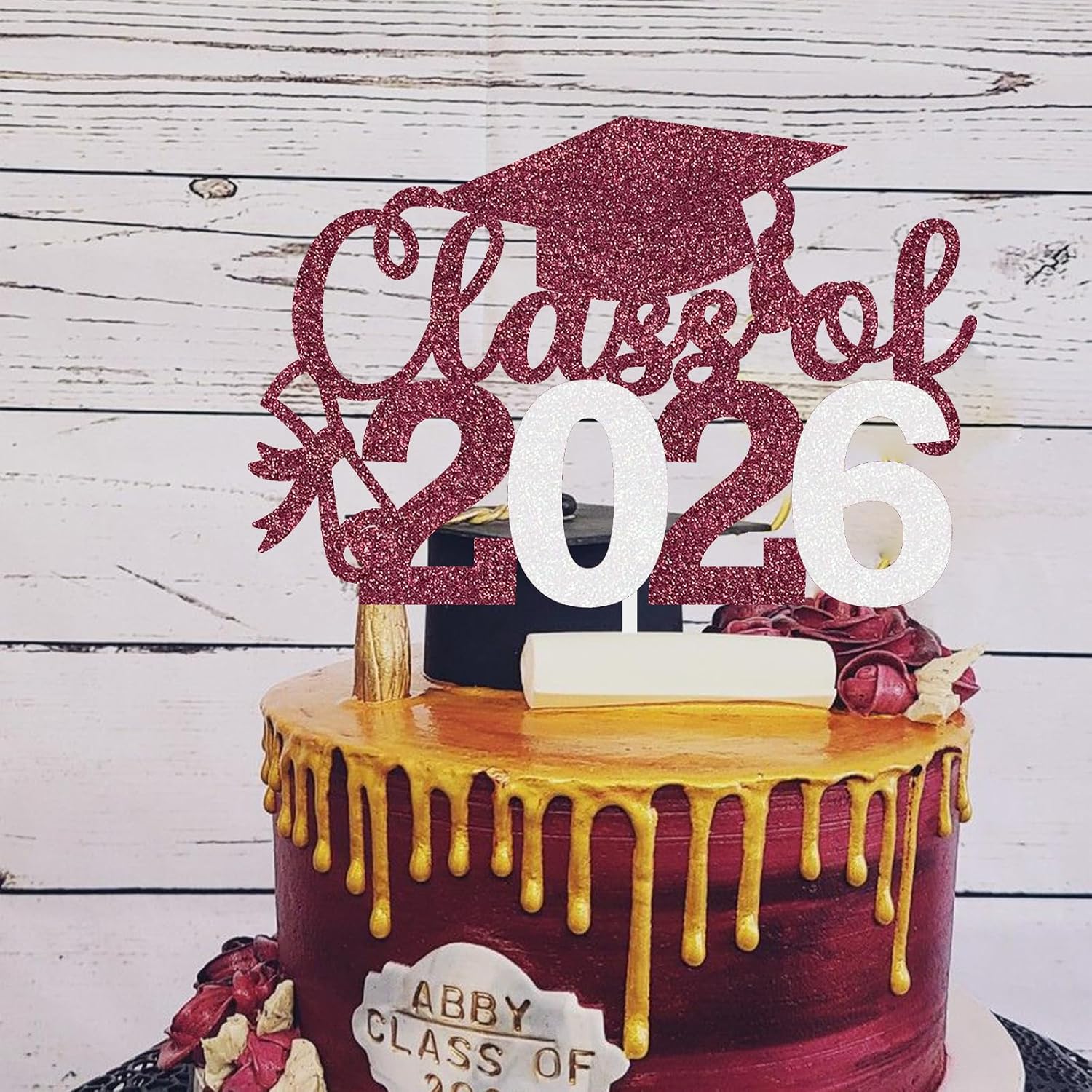 Graduation Cake Topper 2026 Grad Party Decoration Glitter Cap Diploma Food Picks Table Ideas Maroon White