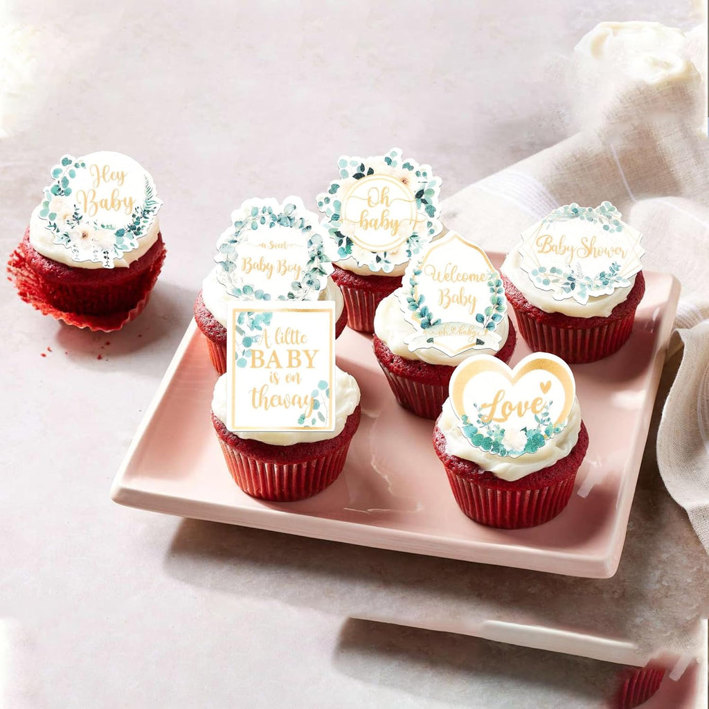 60 Pack Edible Welcome Boy Cupcake Toppers A Little Baby is on the Way Cake Toppers Rice Paper Wafer Paper Cupcake Picks for Kids Birthday Cake Decorations Green