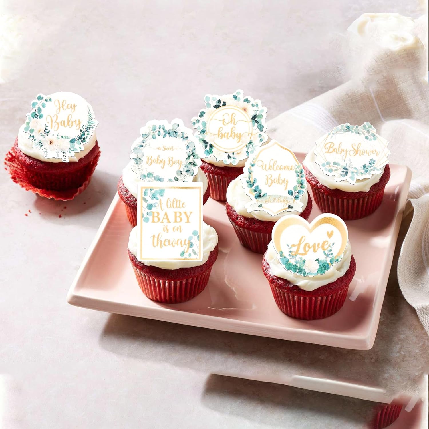 60 Pack Edible Welcome Boy Cupcake Toppers A Little Baby is on the Way Cake Toppers Rice Paper Wafer Paper Cupcake Picks for Kids Birthday Cake Decorations Green