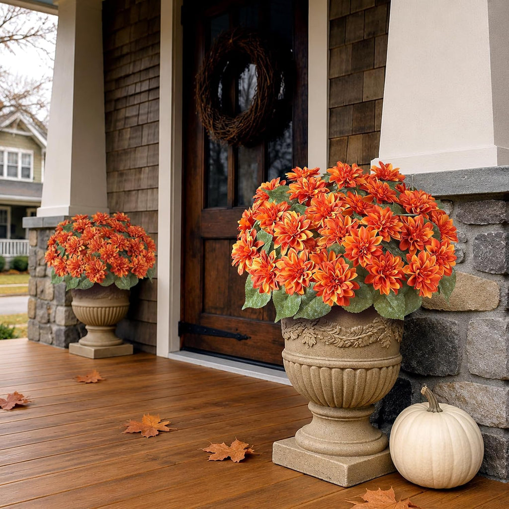 VIERENA 2 Set of Fall Artificial Dahlia Topiary Ball Trees - Fake Silk Dahlia Flower Bushes, UV Resistant Faux Floral Shrub Potted for Front Door Porch Farmhouse Outdoor Autumn Decor (Orange)